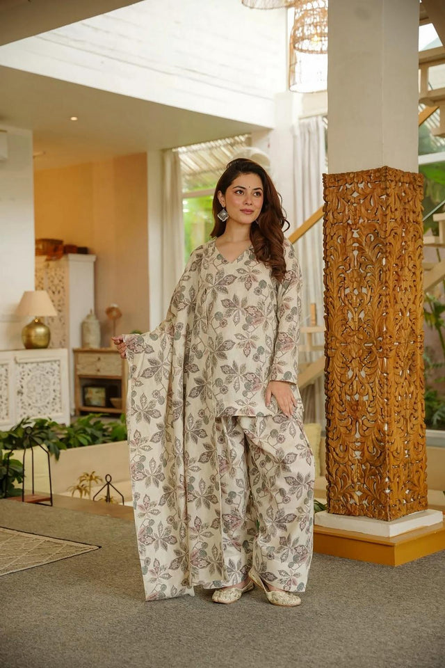 Cream Floral Printed Cotton Palazzo Suits (ACA6834)