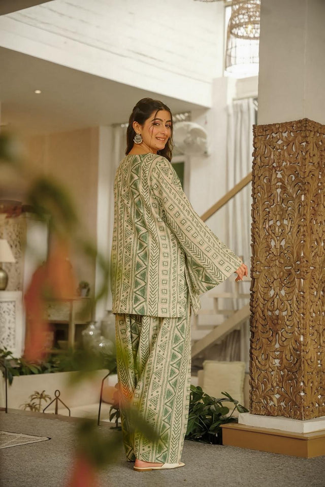 Green Printed Cotton Palazzo Suits (ACA6835)