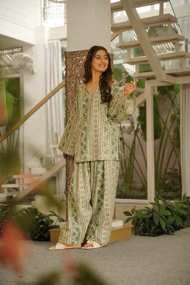 Green Printed Cotton Palazzo Suits (ACA6835)