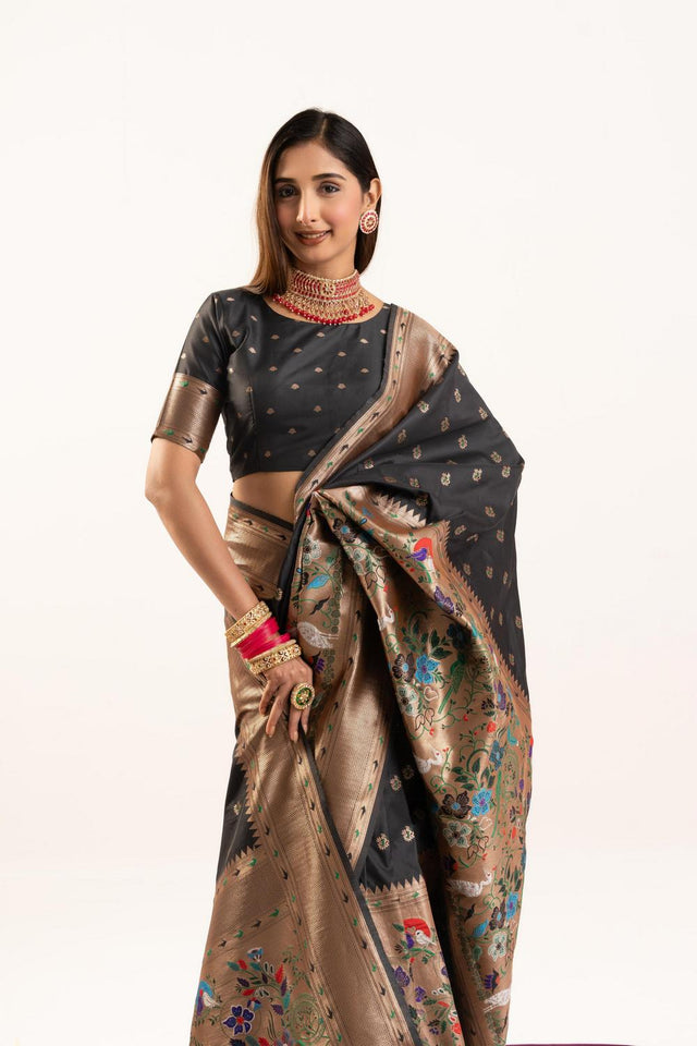 Black Floral Woven Banarasi Silk Saree (ACA6836)