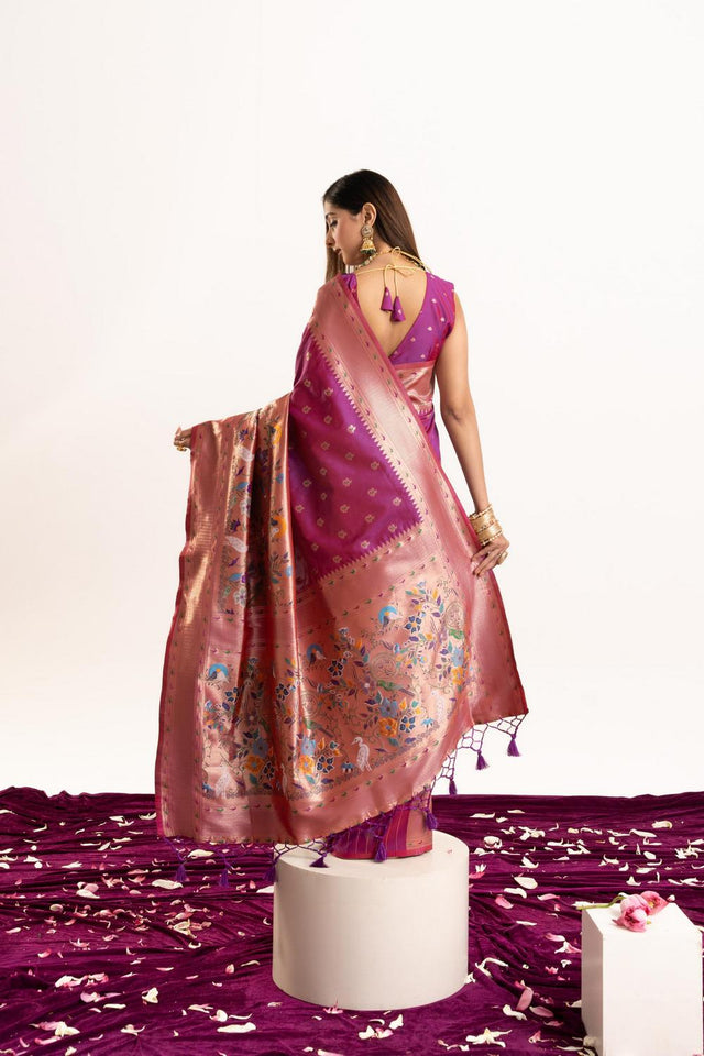 Magenta Floral Woven Banarasi Silk Saree (ACA6837)