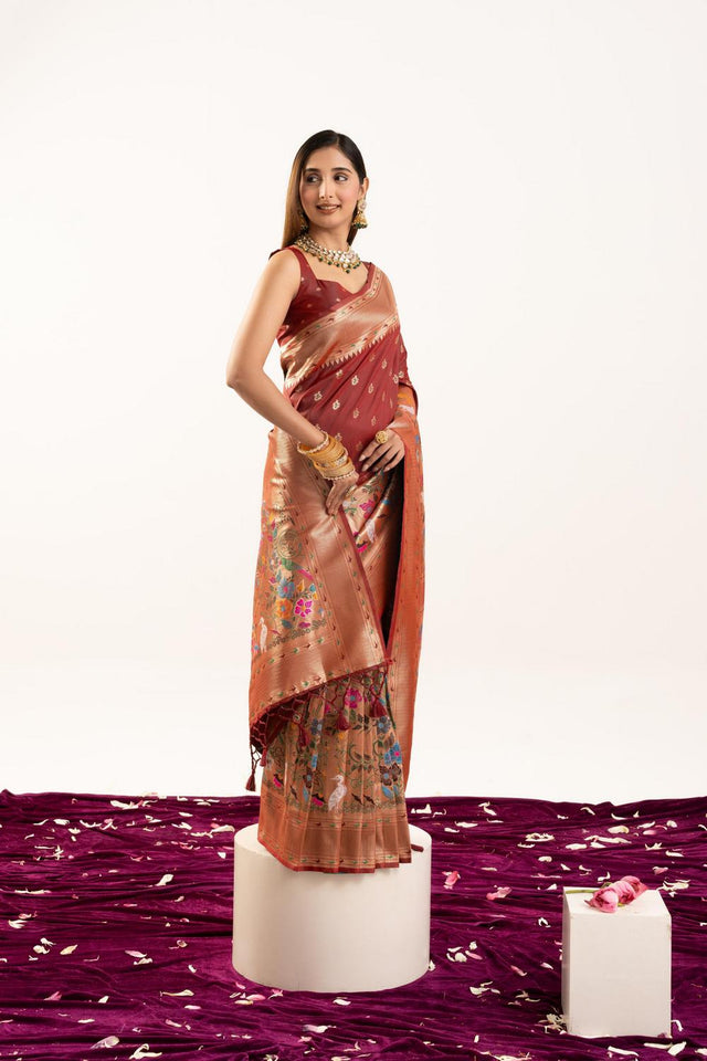 Maroon Floral Woven Banarasi Silk Saree (ACA6838)
