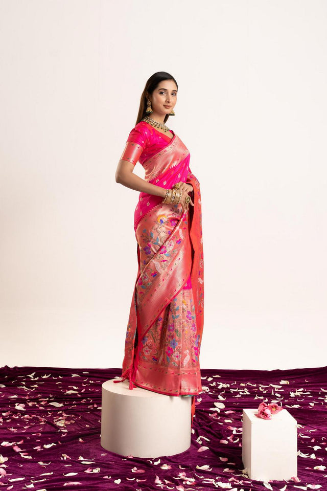 Pink Floral Woven Banarasi Silk Saree (ACA6839)