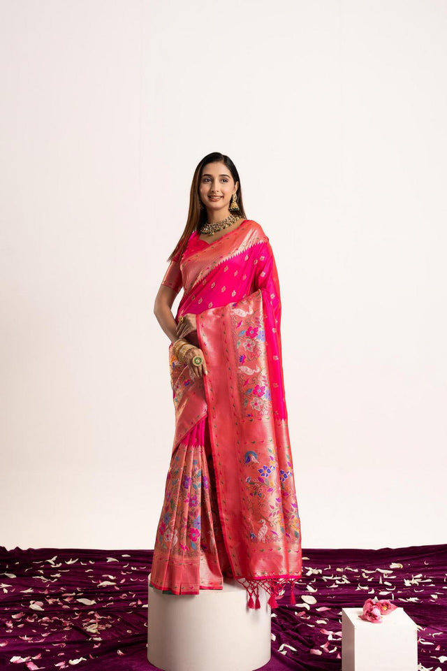 Pink Floral Woven Banarasi Silk Saree (ACA6839)