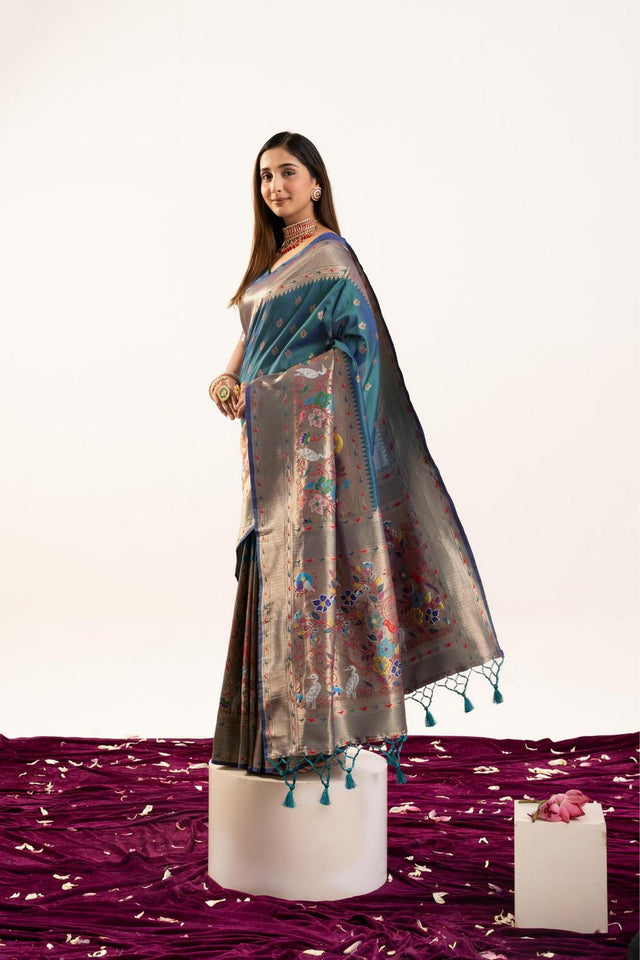 Turquoise Floral Woven Banarasi Silk Saree (ACA6841)