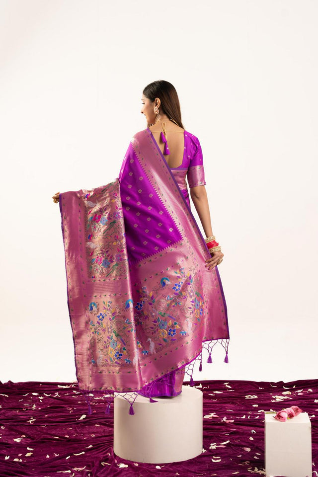 Wine Floral Woven Banarasi Silk Saree (ACA6842)