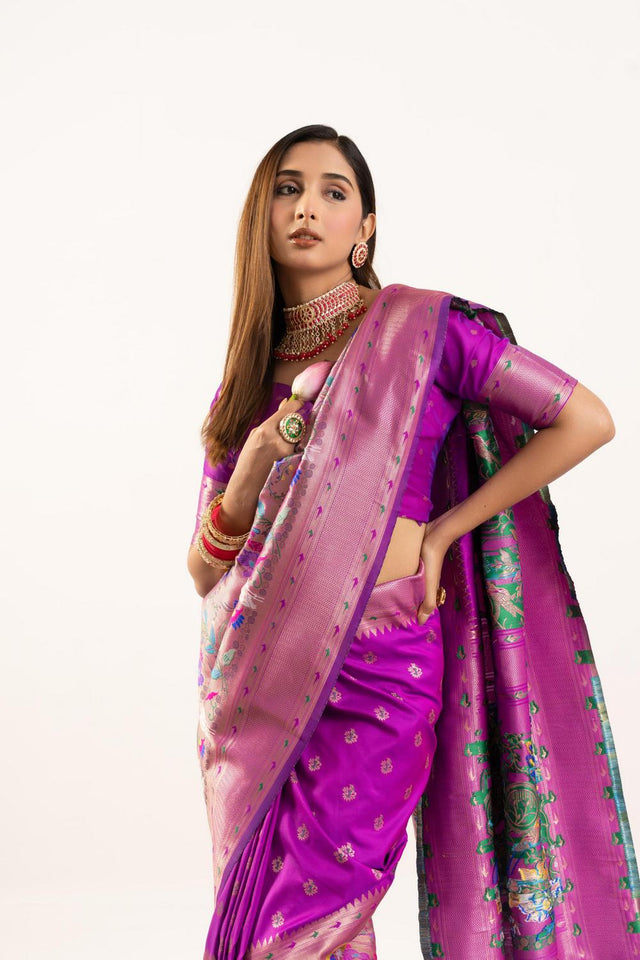 Wine Floral Woven Banarasi Silk Saree (ACA6842)