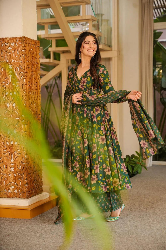 Green Floral Printed Cotton Blend Anarkali Suits (ACA6849)