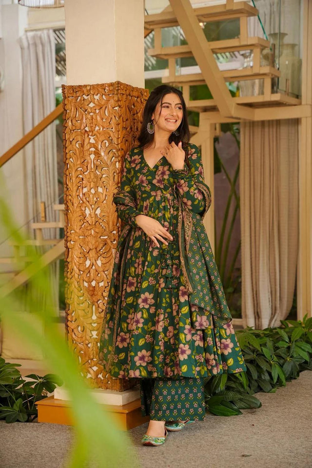Green Floral Printed Cotton Blend Anarkali Suits (ACA6849)