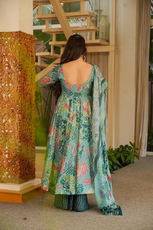 Blue Floral Printed Cotton Blend Anarkali Suits (ACA6850)