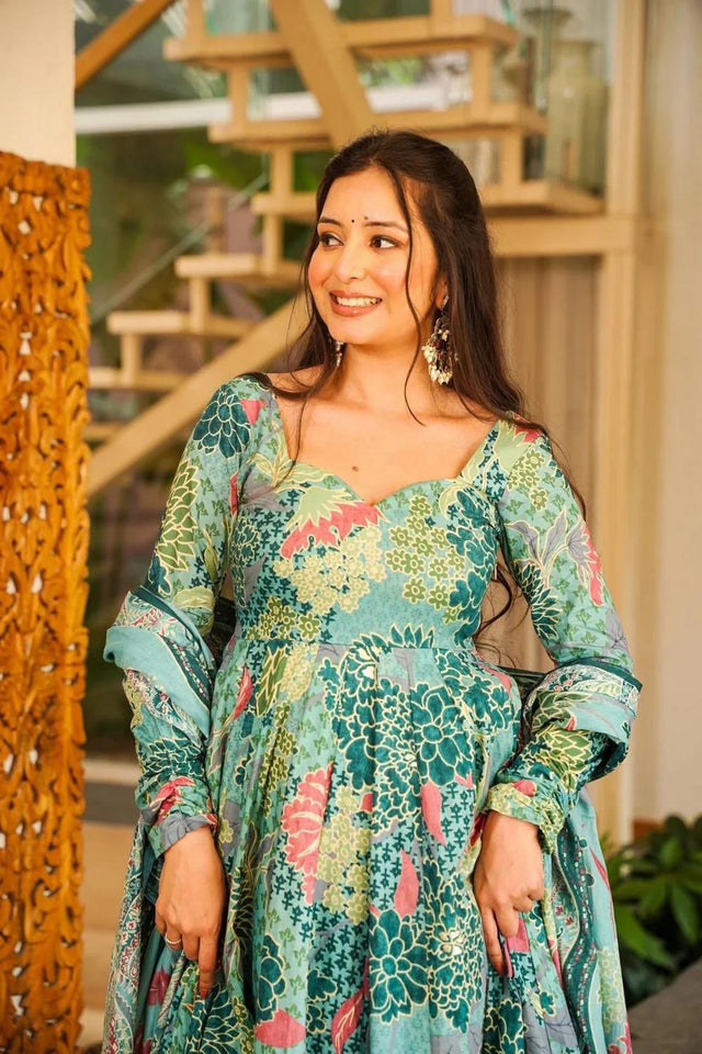 Blue Floral Printed Cotton Blend Anarkali Suits (ACA6850)