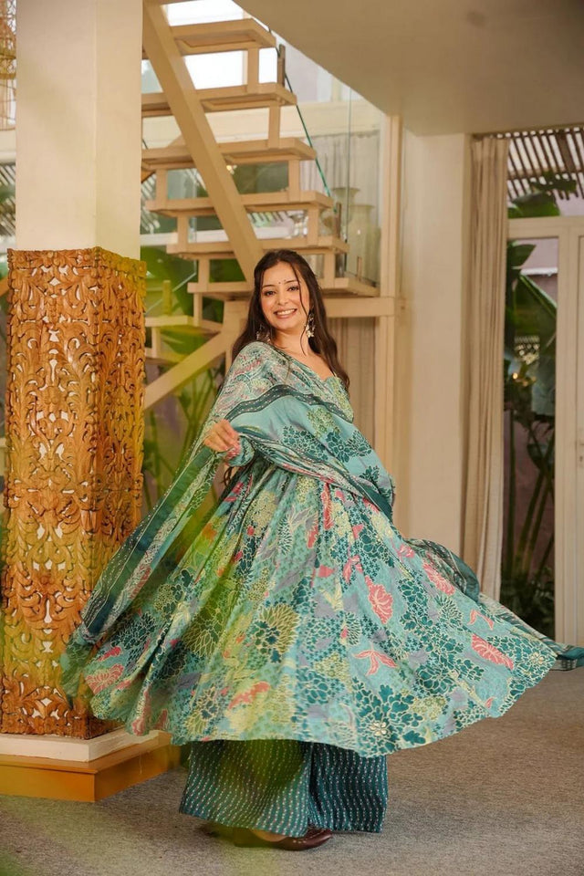Blue Floral Printed Cotton Blend Anarkali Suits (ACA6850)
