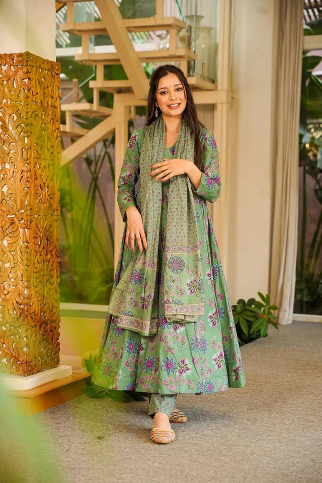 Green Floral Printed Cotton Blend Anarkali Suits (ACA6851)