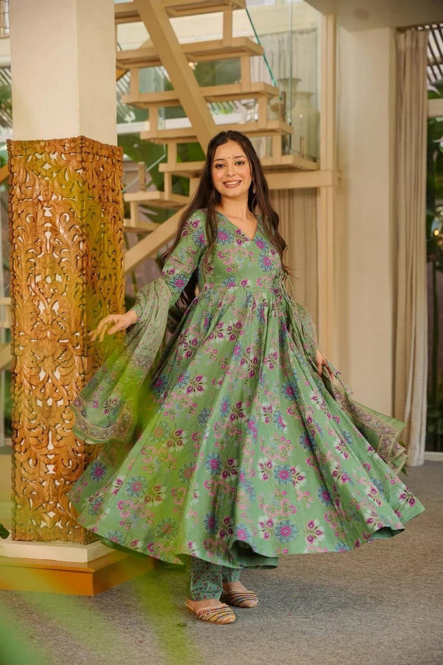 Green Floral Printed Cotton Blend Anarkali Suits (ACA6851)