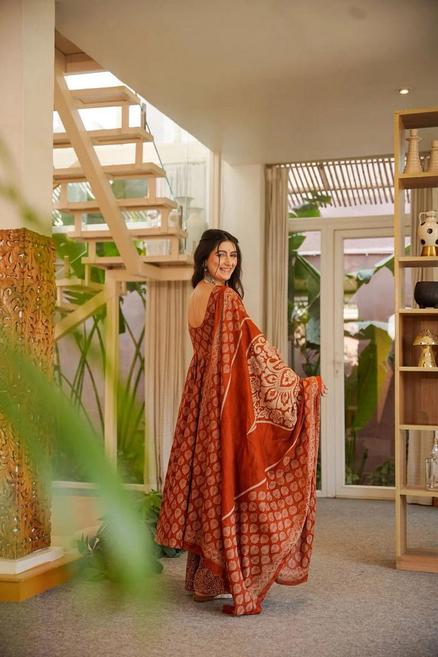 Rust Printed Cotton Blend Anarkali Suits (ACA6852)