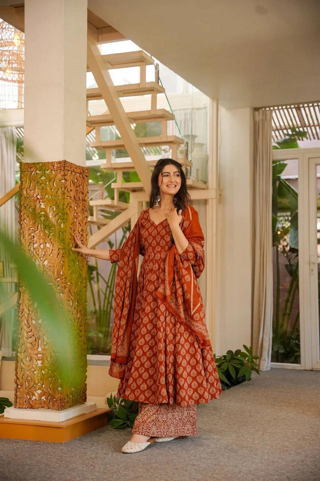 Rust Printed Cotton Blend Anarkali Suits (ACA6852)