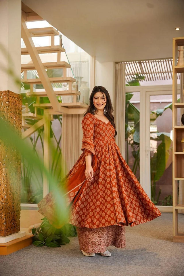 Rust Printed Cotton Blend Anarkali Suits (ACA6852)