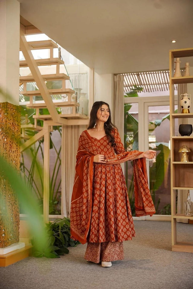 Rust Printed Cotton Blend Anarkali Suits (ACA6852)
