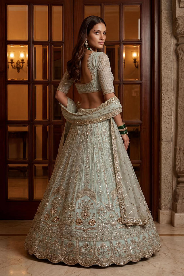 Blue Sequin with Floral Embroidered Net Lehenga (ACA6853)