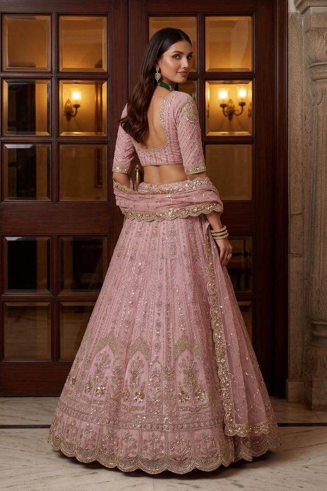 Pink Sequin with Floral Embroidered Net Lehenga (ACA6854)