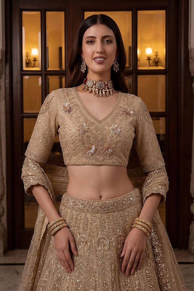 Gold Sequin with Floral Embroidered Net Lehenga (ACA6855)