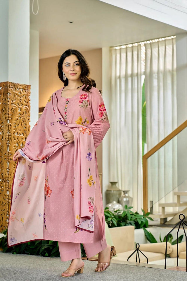 Pink Floral Printed Chanderi Kurti Pant Set (ACA6864)