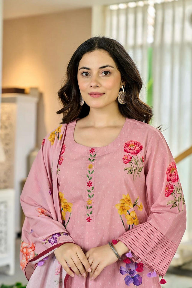 Pink Floral Printed Chanderi Kurti Pant Set (ACA6864)