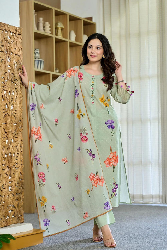 Green Floral Printed Chanderi Kurti Pant Set (ACA6865)