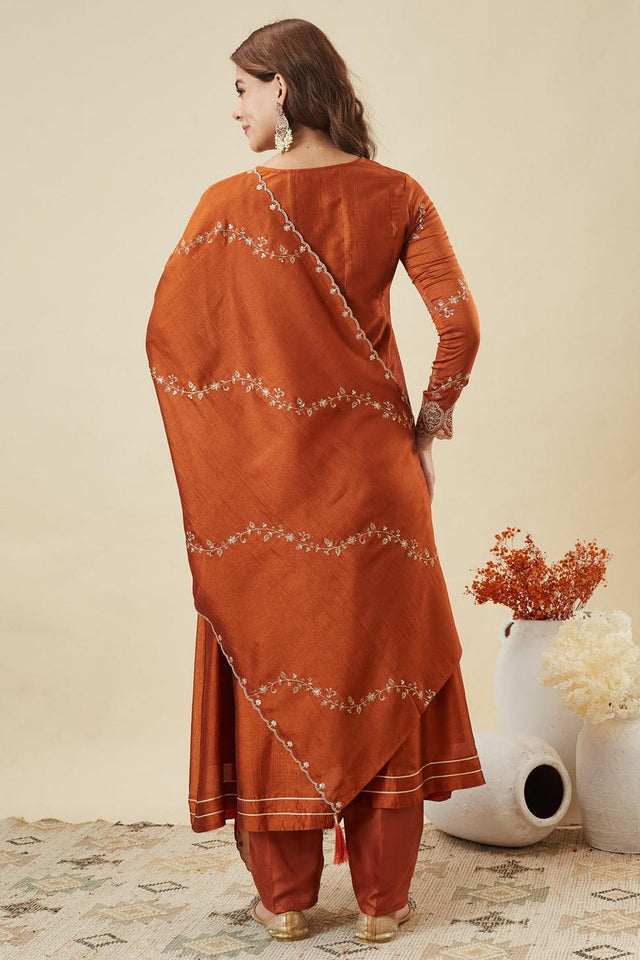 Orange Floral Embroidered Silk Anarkali Suits (ACA6866)