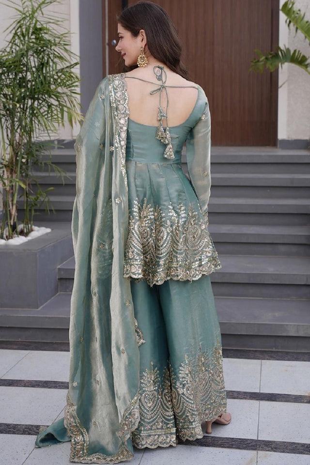 Blue Floral Sequin Silk Palazzo Suits (ACA6867)