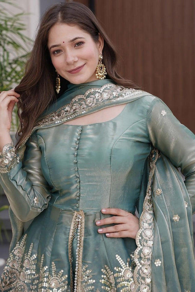 Blue Floral Sequin Silk Palazzo Suits (ACA6867)