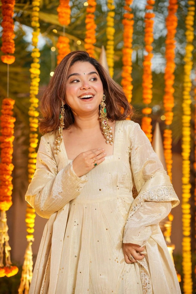 Cream Solid Chinon Palazzo Suits (ACA6870)