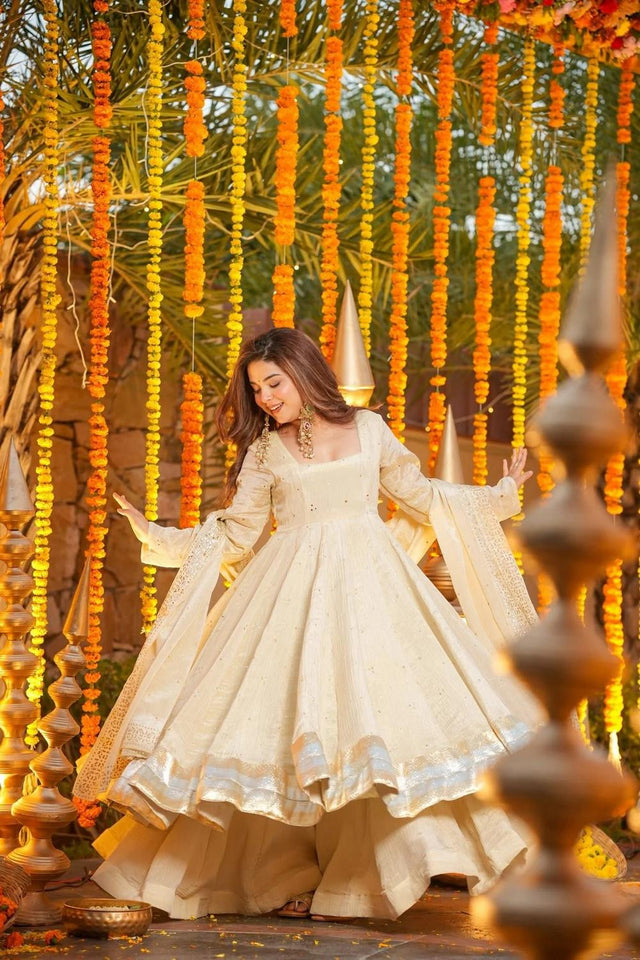 Cream Solid Chinon Palazzo Suits (ACA6870)