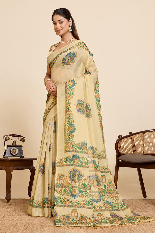 Beige Woven Linen Saree (ACA6873)