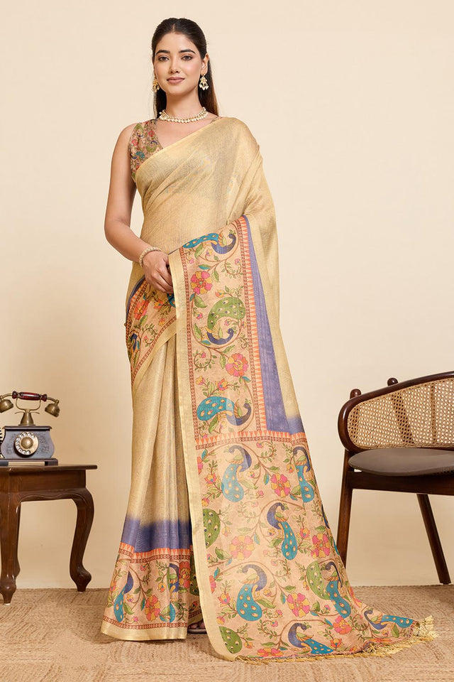 Beige Woven Linen Saree (ACA6874)