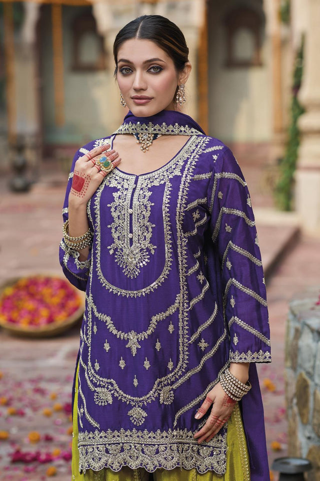 Purple Sequin with Embroidered Mustard Sharara Suit Set (ACA6888)