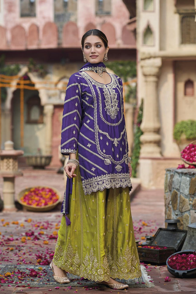 Purple Sequin with Embroidered Mustard Sharara Suit Set (ACA6888)