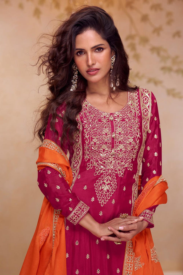 Free Size Stitched Magenta Sequin with Embroidered Orange Sharara Suit Set (ACA6889)