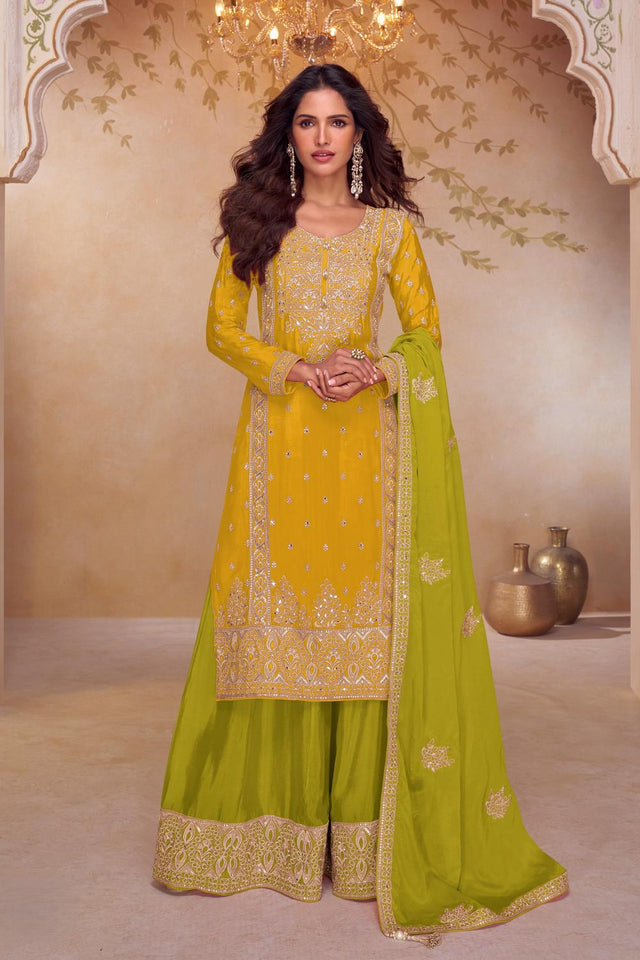 Free Size Stitched Yellow Sequin with Embroidered Green Sharara Suit Set (ACA6890)