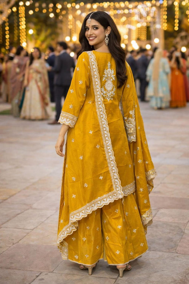 Free Size Stitched Mustard Floral Embroidered Sharara Suit Set (ACA6891)