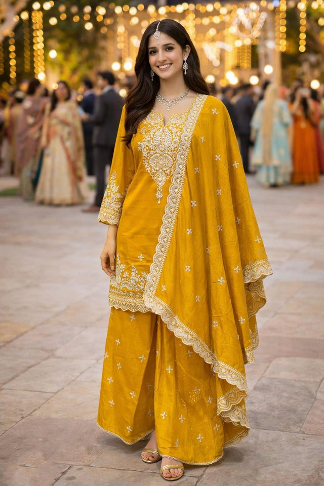 Free Size Stitched Mustard Floral Embroidered Sharara Suit Set (ACA6891)