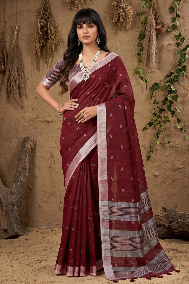 Maroon Woven Linen Saree (ACA6893)