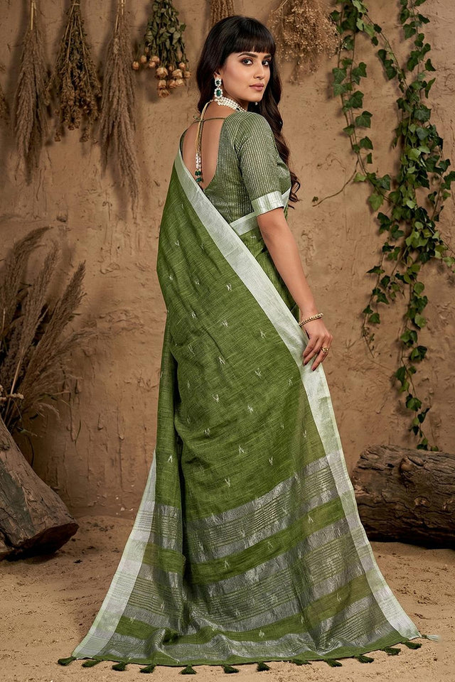 Green Woven Linen Saree (ACA6898)