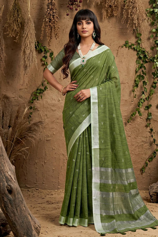 Green Woven Linen Saree (ACA6898)