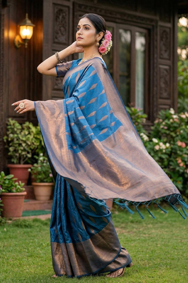 Blue Woven Silk Blend Saree (ACA6899)