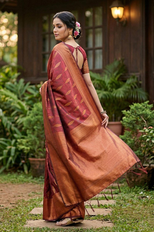 Maroon Woven Silk Blend Saree (ACA6902)