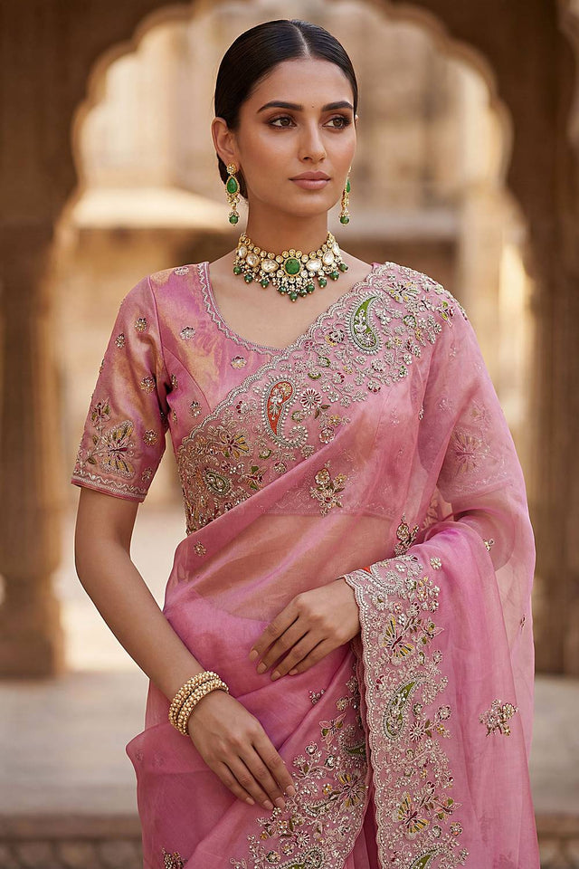 Pink Sequin & Stone Embellished Silk Saree (ACA6923)
