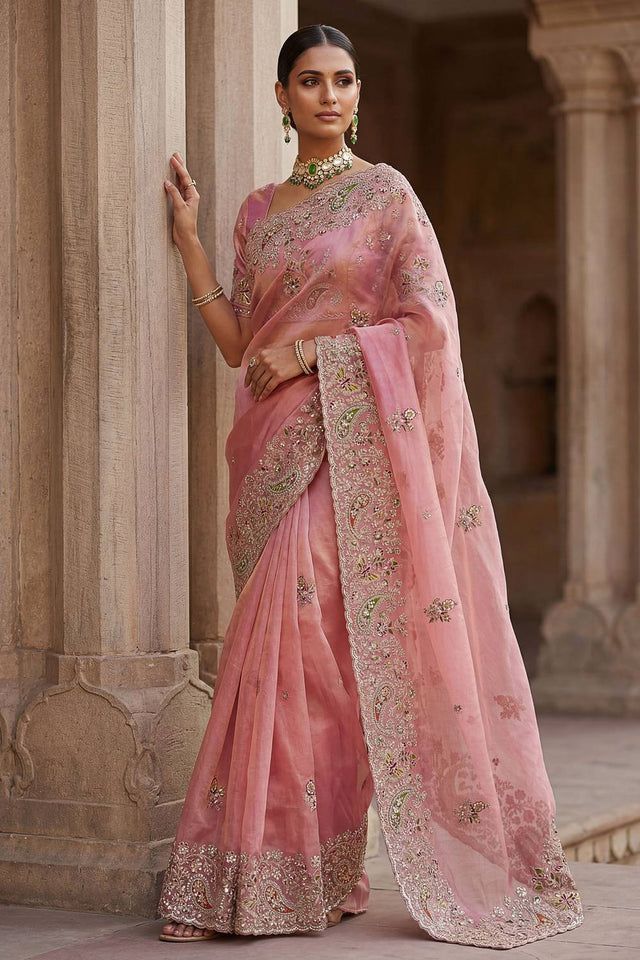 Pink Sequin & Stone Embellished Silk Saree (ACA6923)