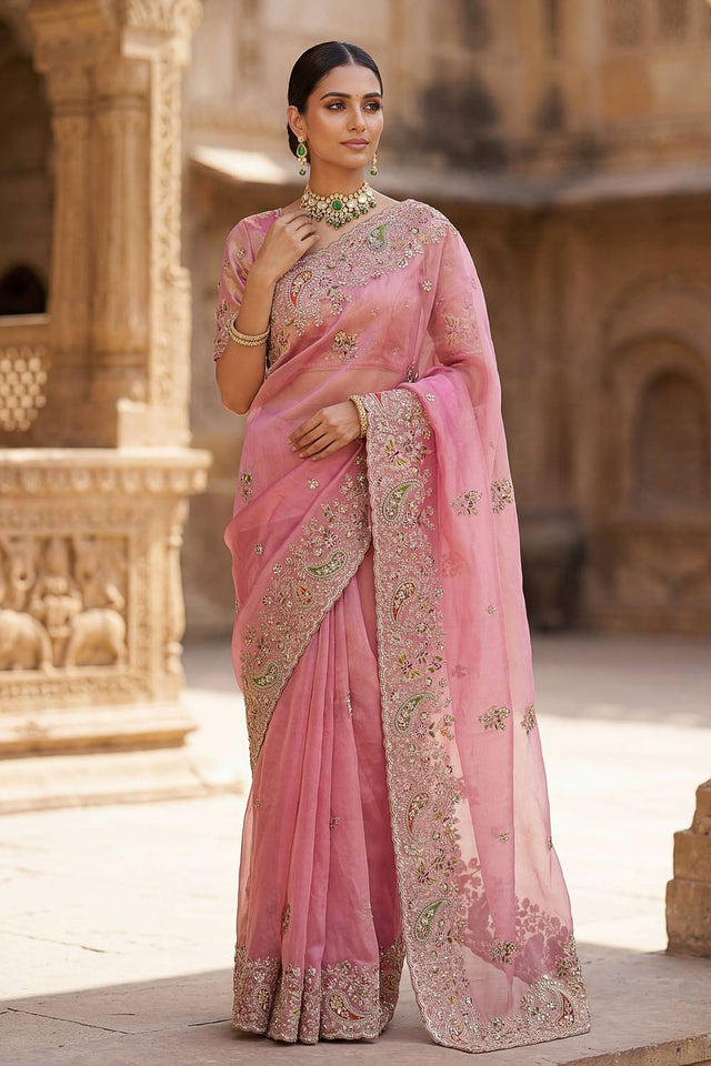Pink Sequin & Stone Embellished Silk Saree (ACA6923)