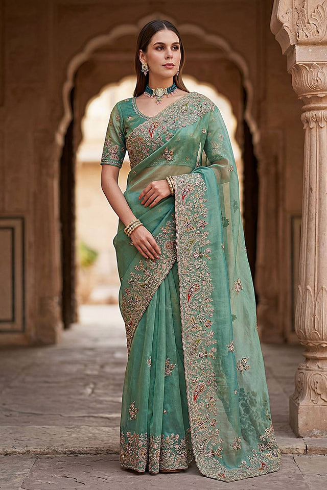 Sea Green Sequin & Stone Embellished Silk Saree (ACA6924)